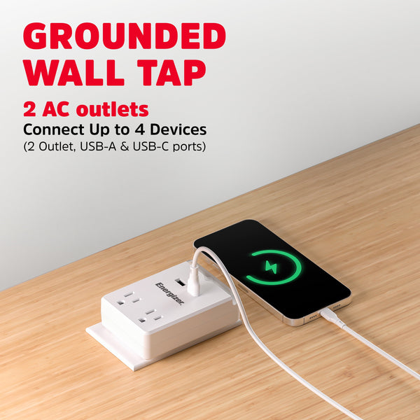 Multi-Outlet Wall Extension with Integrated Nightlight - 2 AC Outlets, 1 Type C Port, 1 USB-A Port (Total 2.4A Output) - Grounded Power Strip Expander Adapter