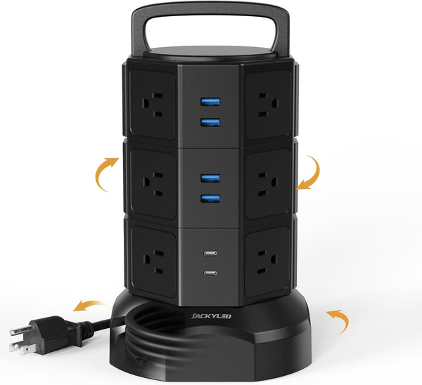 Power Strip Tower Surge Protector - 12 Outlets & 6 USB Ports, 1625W 13A Charging Station with 6.5Ft Heavy Duty Extension Cord for Home, Office & Dorm