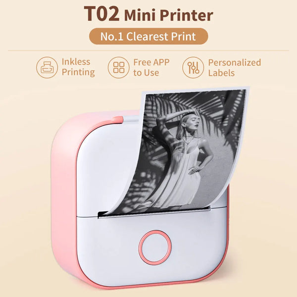 T02 Portable Mini Thermal Printer - Compact DIY Label Maker with Self-Adhesive Stickers and Diverse Paper Options